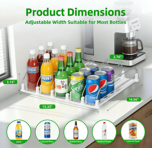 Adjustable White Fridge Organizer, Automatic Can Dispenser & Drink Rack | Holds up to 25 Cans (12oz/16oz/20oz), Gliding Soda & Beer Organizer for Refrigerator - Space Saving Kitchen Storage