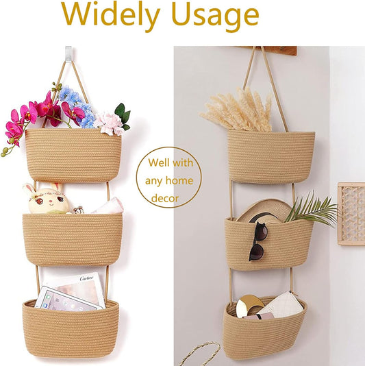 Woven Cotton Hanging Baskets for Organizing Decor 3-Tier Over the Door Wall-Mounted Storage Bag Nursery Baskets for Organizing Living Room, Bathroom and Bedroom (Brown)
