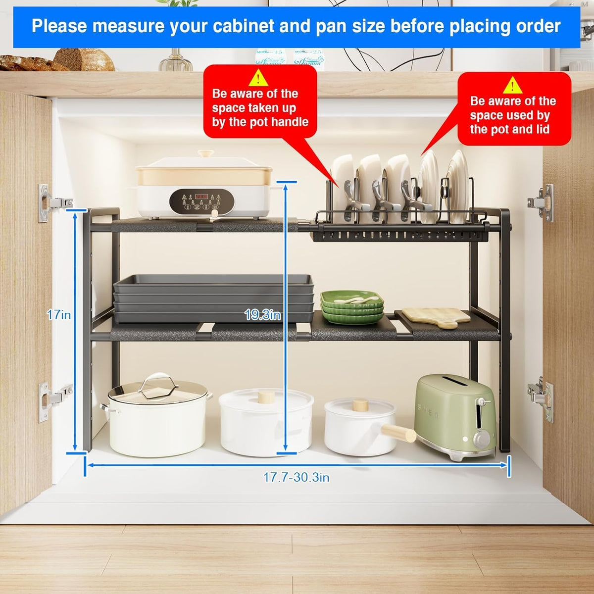 Pots and Pans Organizer Under Cabinet, Expandable 2 Tier Under Sink Organizers and Storage Adjustable Height Kitchen Pot and Pan Lid Holder Rack with 12 Dividers Under Cabinet Shelf(Black)