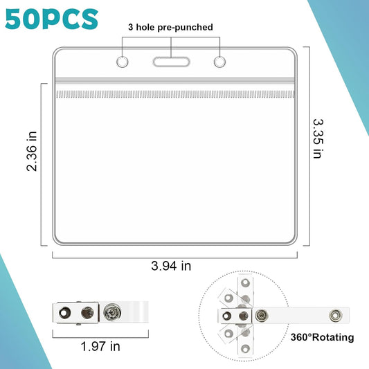 Name Tags with Clips,50 Set Name Badge Holders and Metal Clips Clear PVC Horizontal Name Tag ID Card with Clip Waterproof ID