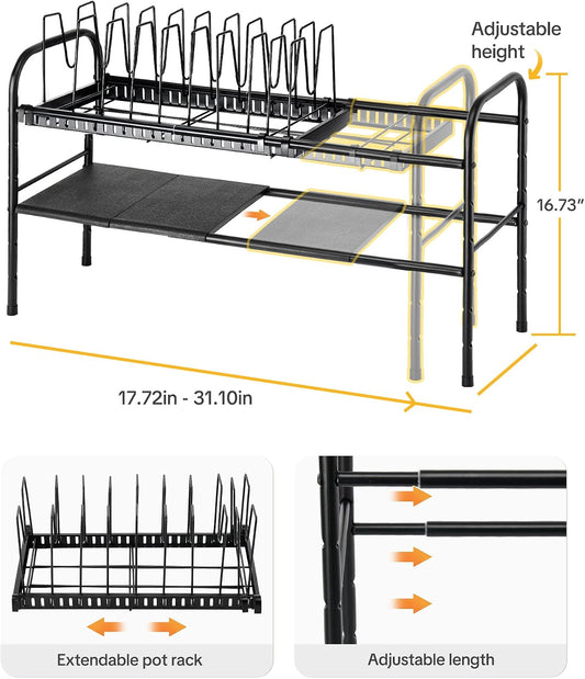 Pots and Pans Organizer Under Cabinet, 2-Tier Expandable Pot Rack | 10 Dividers for Lid Separation, 5-Level Adjustable Height, Kitchen Cookware Pan Holder Shelf, Carbon Steel Frame
