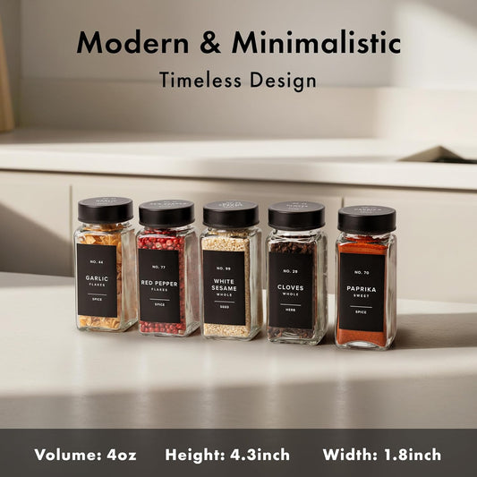 Glass Spice Jars with Label and Black Lids (24 x 4oz) Spice Containers with 240 Labels, Shaker Inserts, Steel Funnel, Empty Square Seasoning Organizer for Spice Rack, Cabinet, Drawer