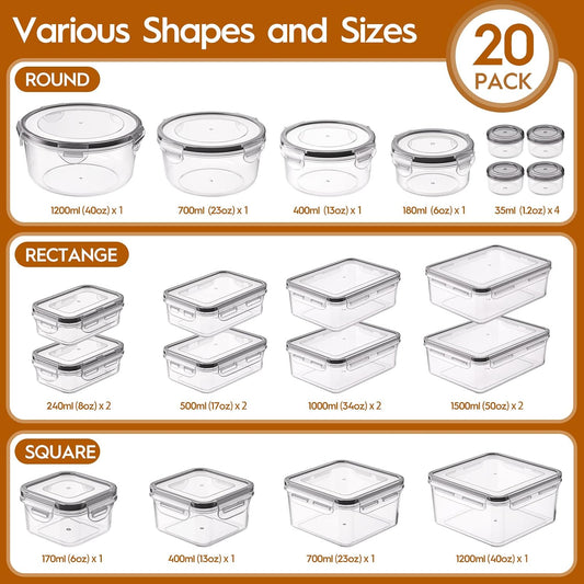 KEMETHY Large Food Storage Containers with Airtight Lids, BPA-free | 20 Containers & 20 Lids, Leak Proof, Meal Prep, Kitchen Storage, PVC-free Plastic, Microwave/Dishwasher Safe, Labels & Pen