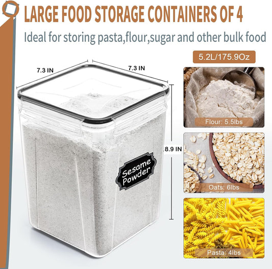 Large Airtight Food Storage Containers 5.2L / 195oz, 4pcs Pantry Kitchen Organizers and Storage for Flour, Sugar, Baking Supplies, BPA Free, Plastic Flour Containers with 20 Labels & Maker