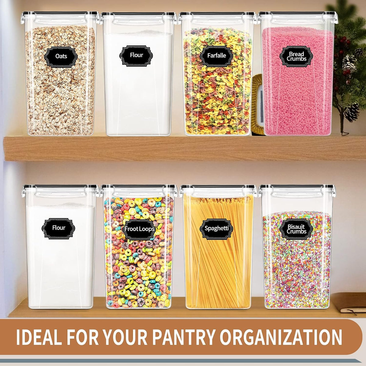 Large Airtight Food Storage Containers 5.2L / 195oz, 4pcs Pantry Kitchen Organizers and Storage for Flour, Sugar, Baking Supplies, BPA Free, Plastic Flour Containers with 20 Labels & Maker