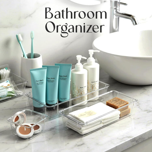 25-Piece Clear Drawer Organizer Set – Multi-Size Storage Trays | Bathroom, vanity, makeup, kitchen & office use | Caddy style | Desk organizer set