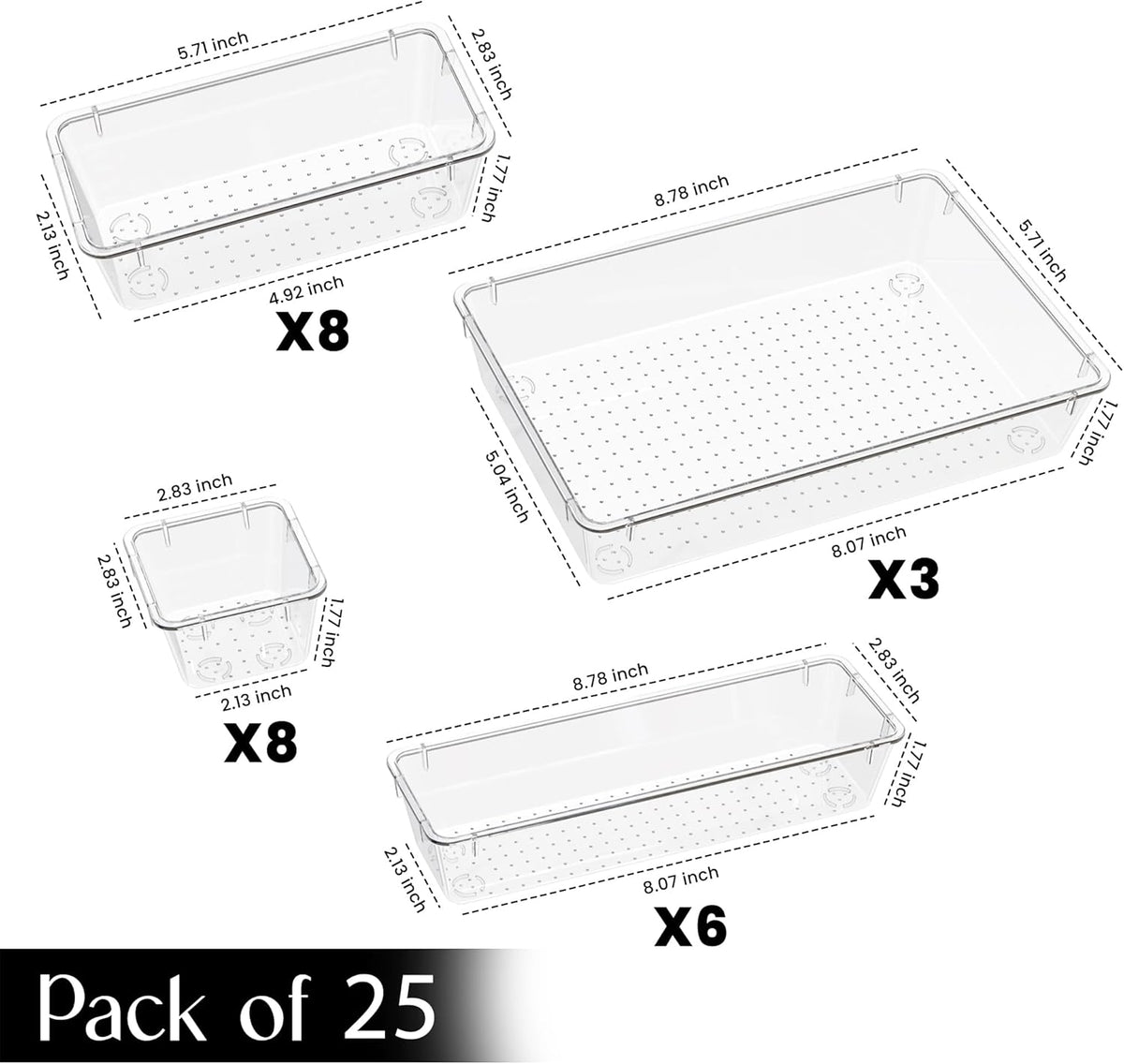 25-Piece Clear Drawer Organizer Set – Multi-Size Storage Trays | Bathroom, vanity, makeup, kitchen & office use | Caddy style | Desk organizer set
