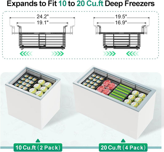 Freezer Organizer Bins - Hanging Baskets for Storage, 2 Pack White | Expandable Length for 10 to 20 Cu. Ft Chest Freezer, Maximized Top Storage, Sliding Access & Easy Restocking, No More Digging