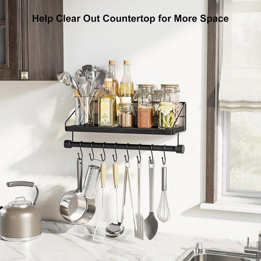 Floating Shelf for Wall with Wooden Towel Bar, Black