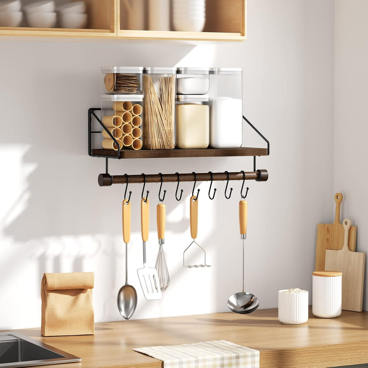 Floating Shelf for Wall with Wooden Towel Bar, Black