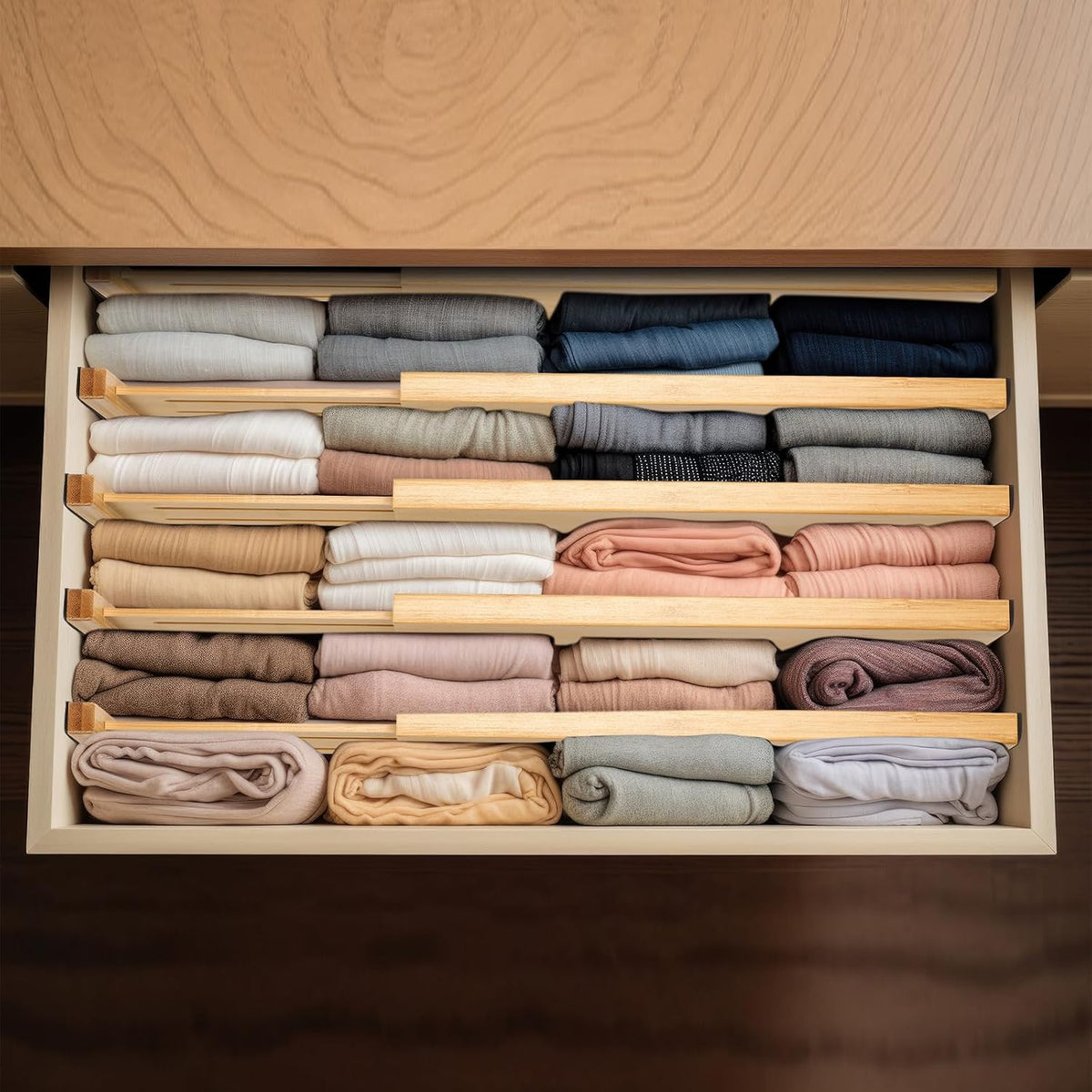 Dresser Drawer Organizers 6 Pack, 4.65'' High Adjustable from 12.5-17‘’ Bamboo Drawer Dividers for Clothing Baby Clothes, Wooden Separators for Dresser Nursery Organization with Soft Foam Ends