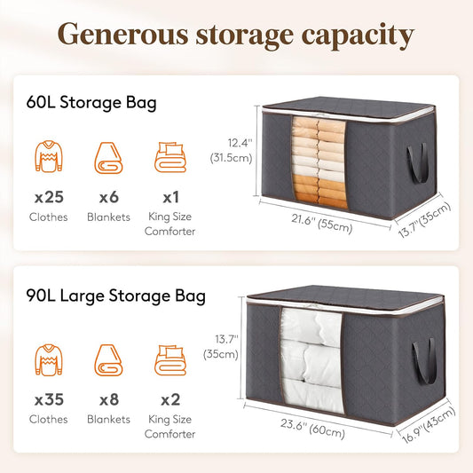 6 Pack Clothes Storage Bins with Lids, Foldable Blanket Storage Bags with Zippers, Clear Window and Reinforced Handles, Closet and Organization for Clothing, Sweater, Comforter, Bedding