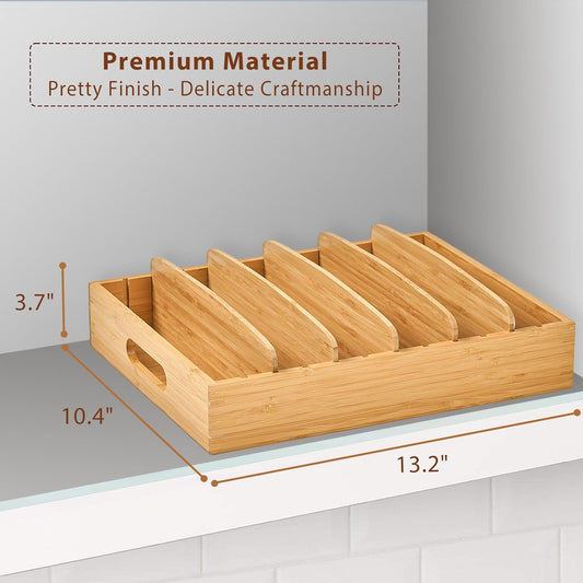 Large Bamboo Food Container Lid Organizer for Kitchen Cabinet | Adjustable slots - Premium bamboo, pretty color - Sturdy versatile caddy for snack, spice in drawer - Anti-Skid Silicone Pads
