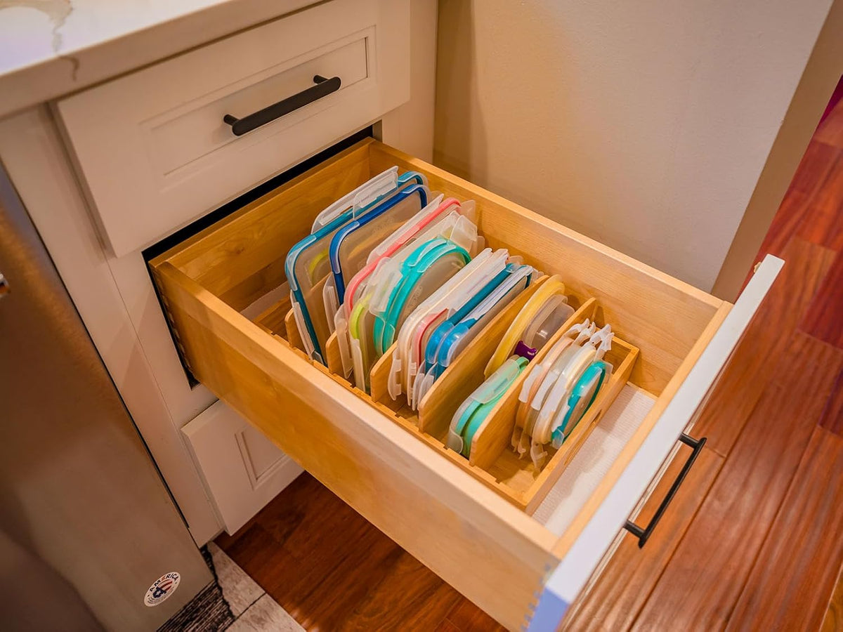 Large Bamboo Food Container Lid Organizer for Kitchen Cabinet | Adjustable slots - Premium bamboo, pretty color - Sturdy versatile caddy for snack, spice in drawer - Anti-Skid Silicone Pads