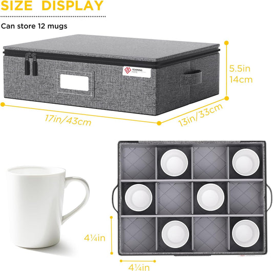 Cup and Mug Storage Box with Hard Shell and Dividers for Coffee Mugs,Tea Cups and Glasses,Stackable Storage Organizers with Lid,Handles,Zips and Label for Moving,Holds 24, Grey