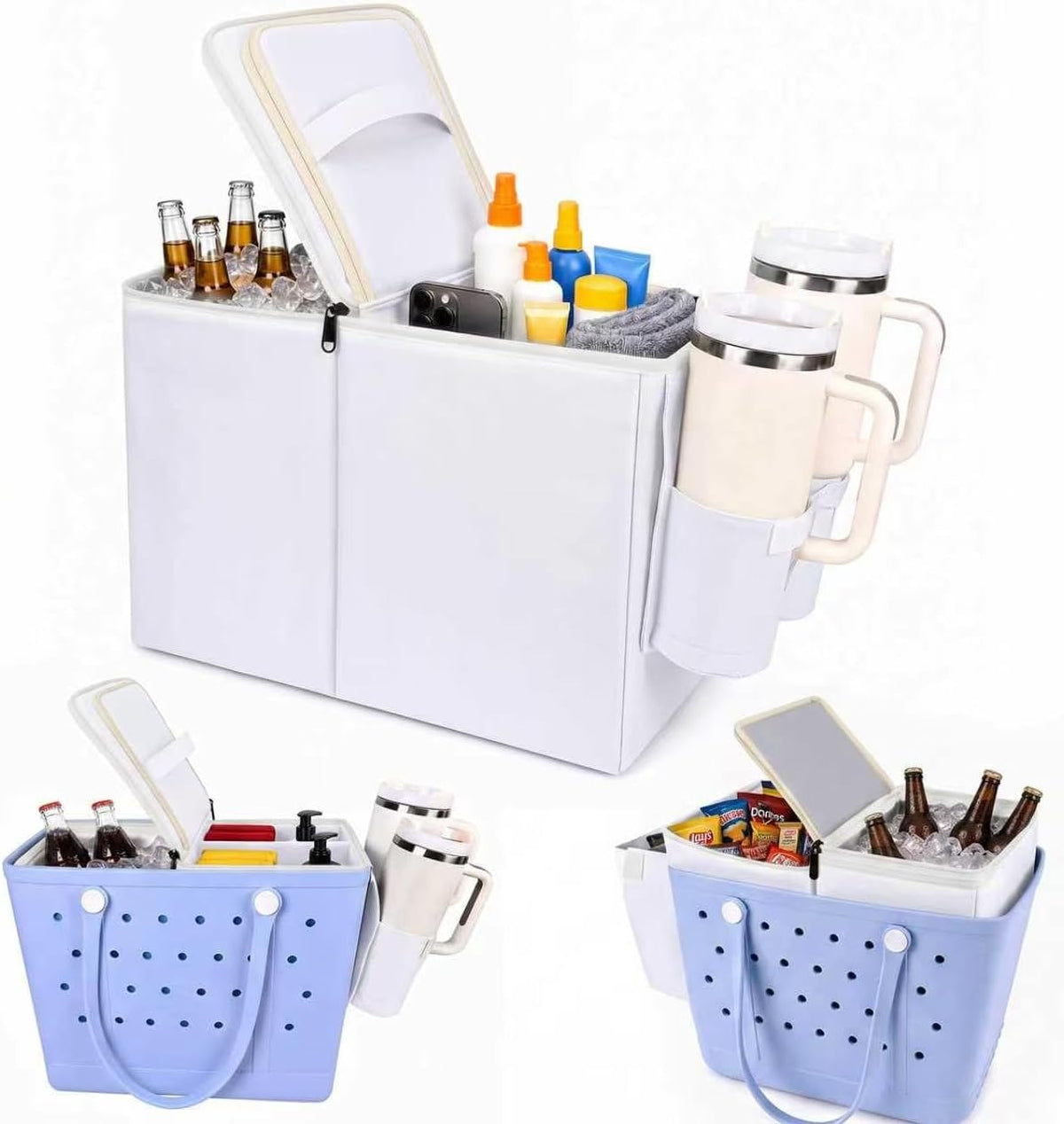 Cooler Organizer Insert for Bogg Bag XL - Leak-Proof Portable Ice Chest with Divider Tray and Zipper - Topper Tray and Cup Holder Compatible Accessories