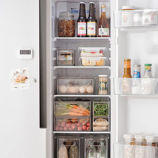 Set of 3 Stackable Refrigerator Organizer Bins Pull-Out Drawers for Fruit and Veggies Divided Storage Organizer for Fridge Clear Drawer Containers with Handle for Produce Saver, Eggs, Snack