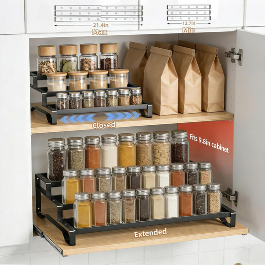 SANKEU Expandable Spice Rack Organizer for Cabinet 3 Tiered Metal Seasoning Organization with Guardrails Spice Shelf Storage for Jars Adjustable Length 13"-21" Black