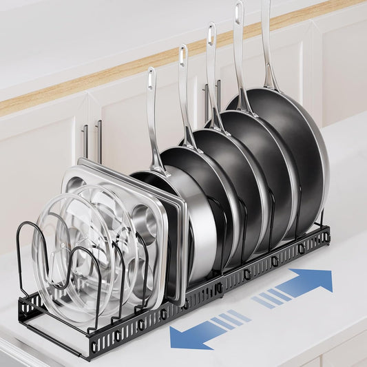 Expandable Pots and Pans Organizer under Cabinet with 10 Dividers | Extends 12"-23", Holds pot lids, pans cookware inside Cabinet, rack with pot lid organizer, Space-saving for kitchen cabinets