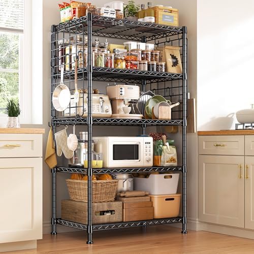 5 Tier Storage Shelves, 2 Side Panels & 13 Hooks, for Kitchen