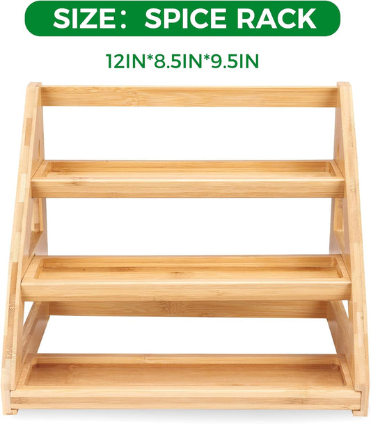 Spice Rack, Spice Organizer -3 Tier Bamboo Spice Racks, Solution for Spice Storage in Kitchens, Countertops,Storage Rooms and Other Places