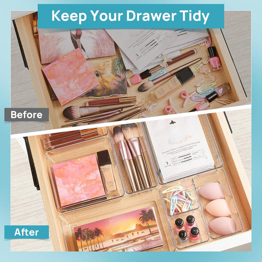 44 PCS Clear Plastic Drawer Organizers Set, Vanity Organizer Trays