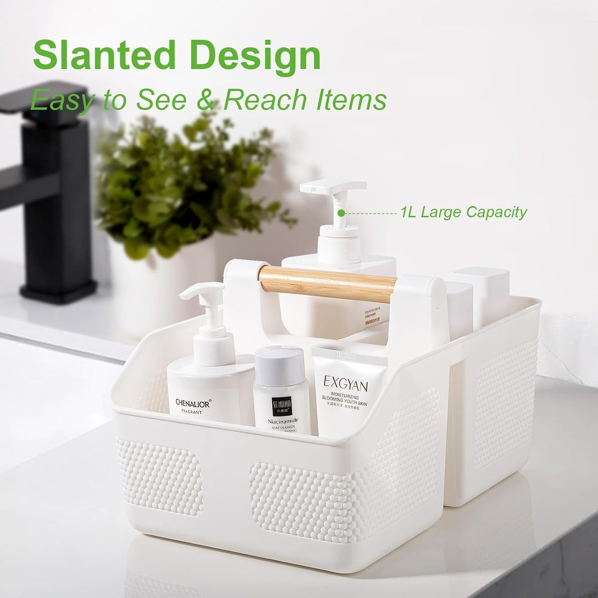 Shower Caddy Portable with Bamboo Handle, Plastic Basket Cleaning Caddy Organizer Storage Tote for Bathroom, College, Dorm Room Essentials, White