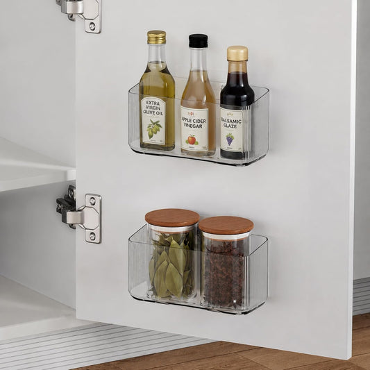 Cruet stands, 2 Pack Cabinet Door Organizers Plastic Wrap Holders for Kitchen Organizers, No drilling Wall Door Mount Kitchen Wrap Rack for Foil Wrap, Cling Wrap, and Food Bags, Clear