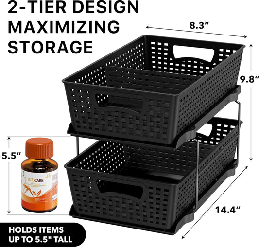 2 Tier Pull-Out Sliding Drawer Under Sink Storage, White | Great for Kitchen Bathroom Tray Shelf Organizer