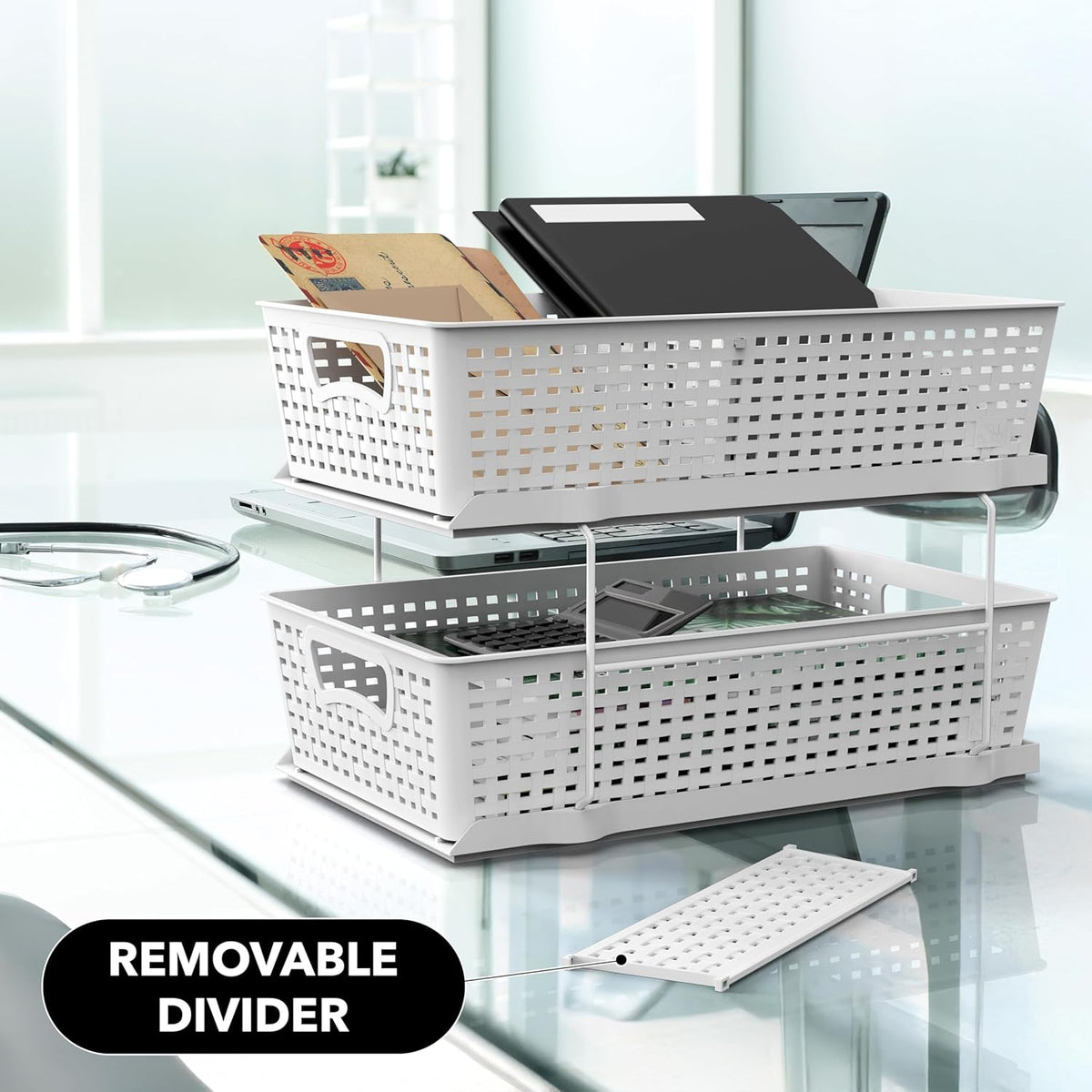2 Tier Pull-Out Sliding Drawer Under Sink Storage, White | Great for Kitchen Bathroom Tray Shelf Organizer