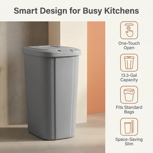 13.3 Gallon Kitchen Trash Can, Plastic Touch Top Bin with Push Lid, Gray