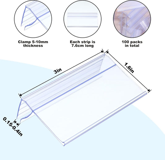 100 Pcs Shelf Label Holder Clear Plastic Clip on Labels Shelf Tags for Wire Shelving 0.15'' to 0.4'' Wood Glass Shelves Sign Price Tags