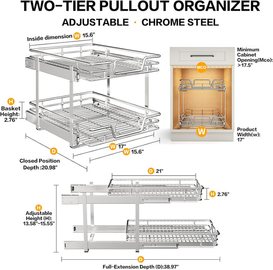 2-Tier Kitchen Cabinet Pull Out Cabinet Organizer,Shelf and Drawer Organizer Slide Out Pantry Storaqe Basket in Multiple Sizes (17" W x 21" D)