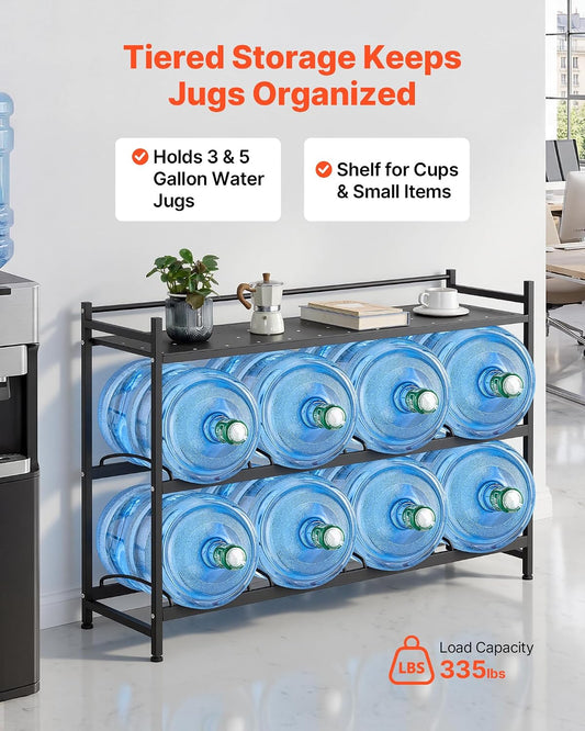 5 Gallon Water Jug Holder, 3-Tier 3 or 5 Gallon Water Bottle Holder for 8 Bottles, Heavy Duty Jug Rack Organizer with Storage Shelf, Handle, for Home, Office, Restaurant, Gym, Black