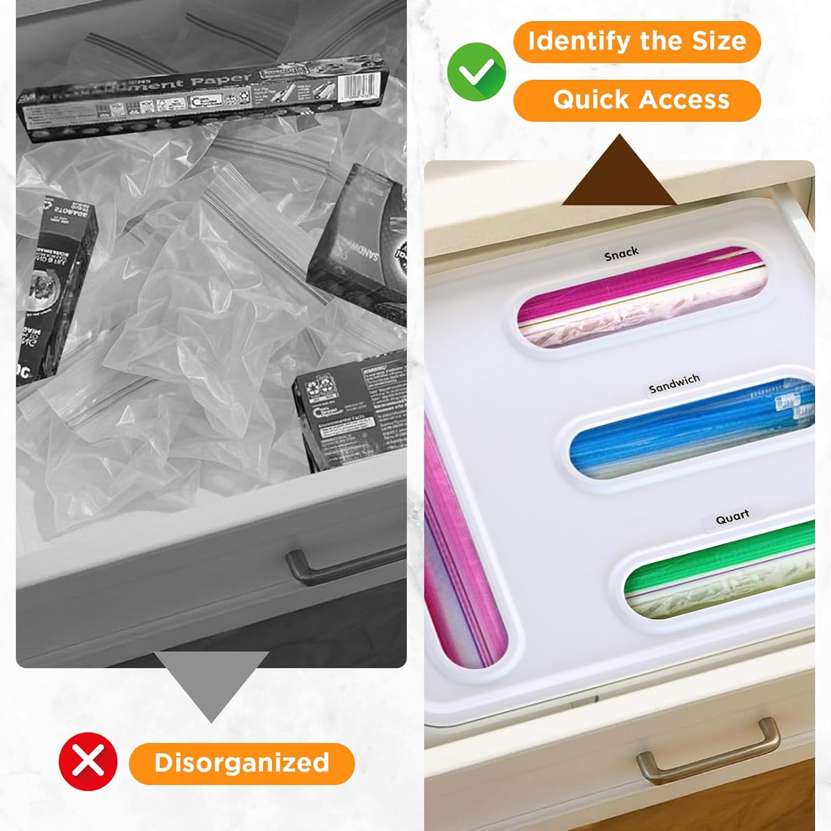 Bag Organizer for Drawer + Fridge, Magnetic Kitchen Baggie Storage | Pantry Organization for Ziplock Plastic Food Bags | Compatible with Snack Sandwich Quart Gallon (White)