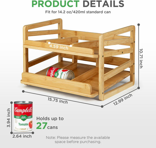 2 Tier Bamboo Rolling Can Rack Organizer for Pantry Up To 27 Cans | Stackable Canned Food Organizer Rack for Storage, Kitchen Cabinet, Can Holders Dispensers for Pantry