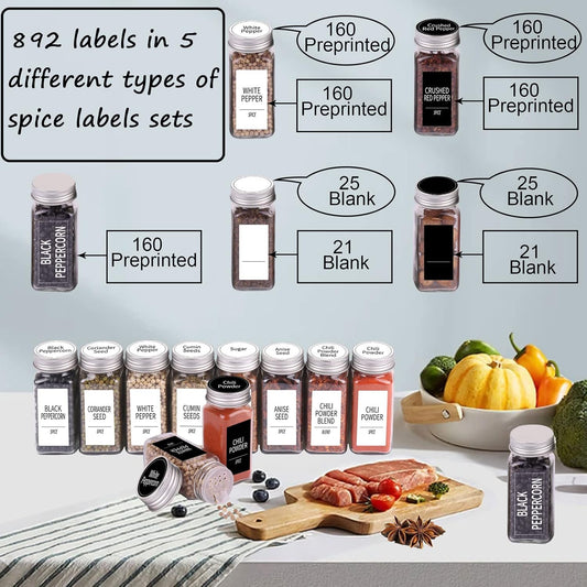 892 Spice Jar Labels in 5 Types of Spice Labels with Chalk Marker | 800 Printed Spice Labels with 92 Extra Write-on Labels Stickers for DIY, Waterproof & Tear-Resistant