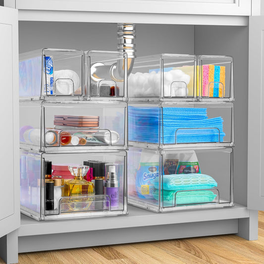 Clear Stackable Storage Drawers with Pull-Out Bins (Large) | Easy-access plastic organization for pantries, offices, bathrooms and closets; supports sorting and visibility.