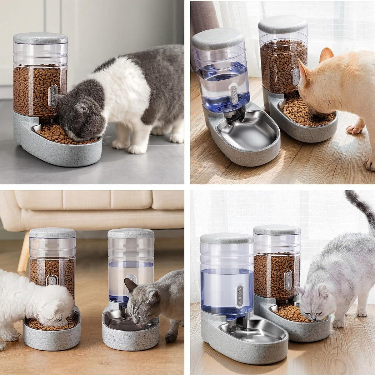 Automatic Dog Cat Feeder and Water Dispenser Gravity Food Feeder and Waterer Set with Pet Food Bowl for Small Medium Dog Puppy Kitten, Large Capacity 1 Gallon x 2