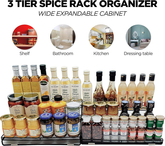 3 Tier Wide Expandable Cabinet Spice Rack Organizer (14.5" to 29.1") - Step Shelf with Protection Railing, Black | Wide, deep expandable spice rack for large spice jars, seasoning bottles, cans, and pantry organization.
