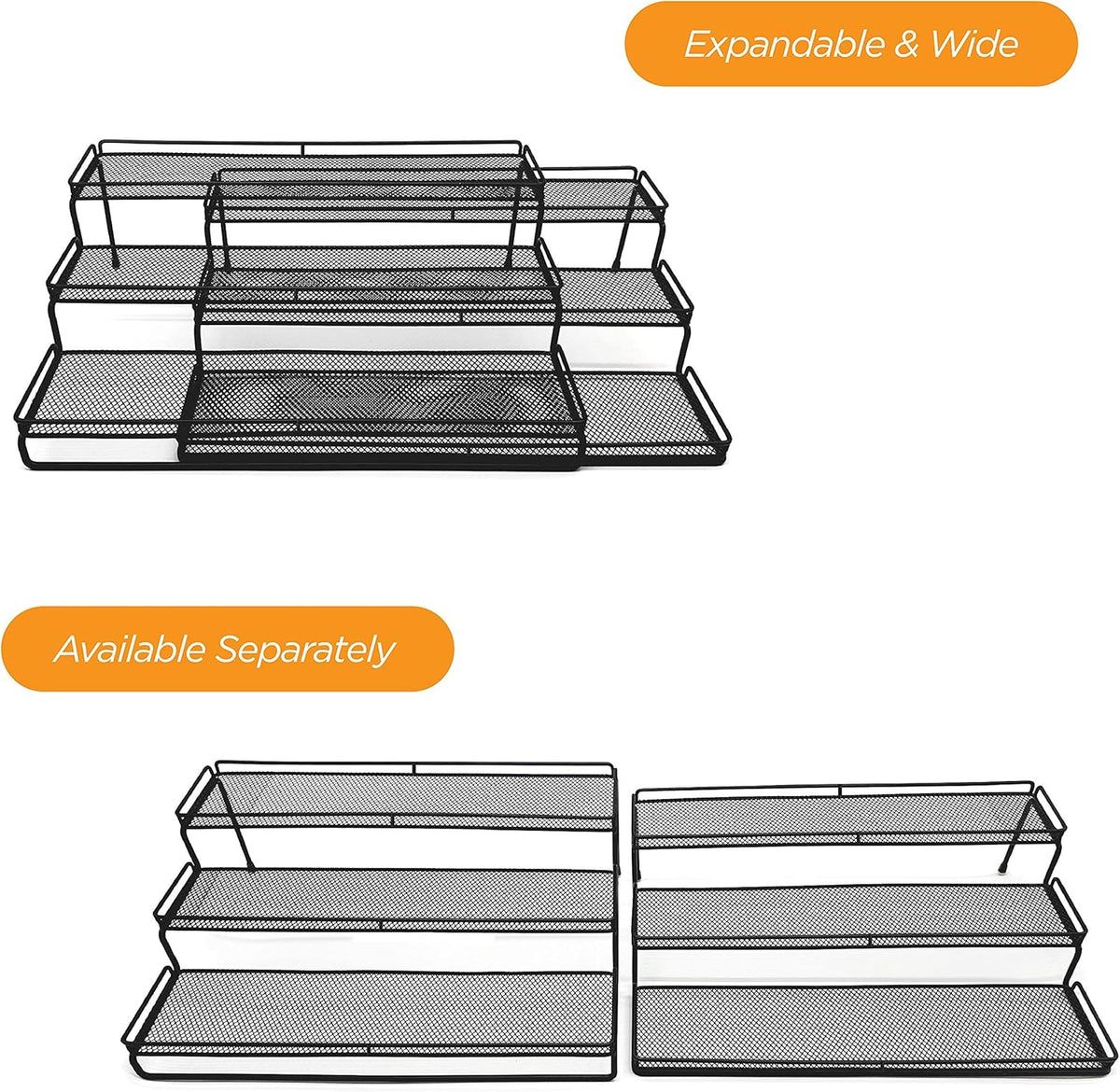 3 Tier Wide Expandable Cabinet Spice Rack Organizer (14.5" to 29.1") - Step Shelf with Protection Railing, Black | Wide, deep expandable spice rack for large spice jars, seasoning bottles, cans, and pantry organization.