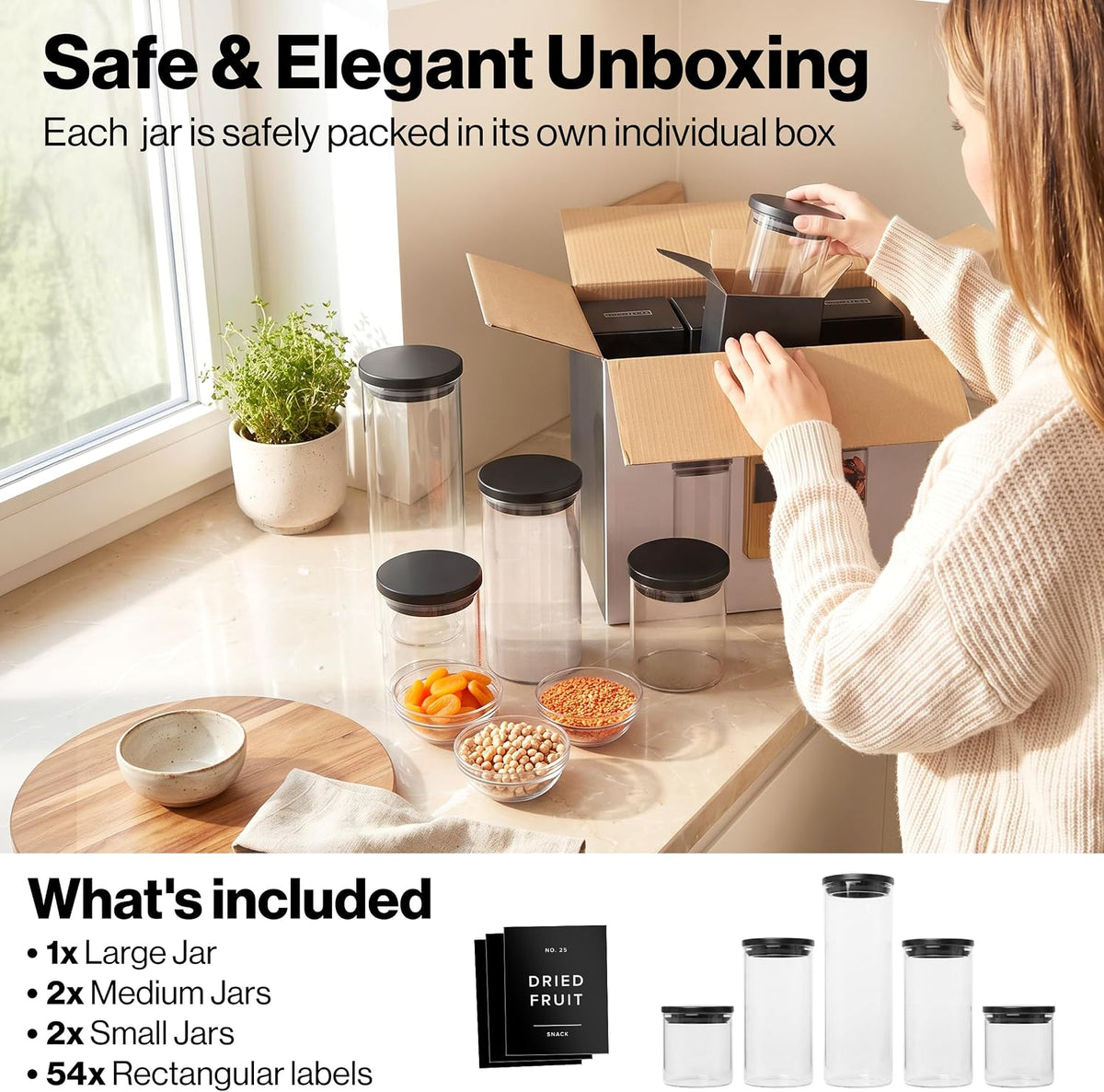 Glass Pantry Storage Jars Containers with Black Lids and Labels - Set of 4