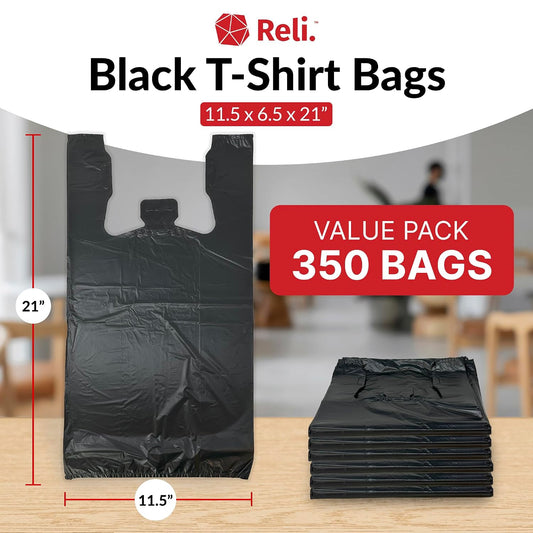 . T-shirt Plastic Bags | 350 Pack | Black Plastic Bags with Handles | (Plain) | Ideal for Grocery, Shopping, Food Take Out/To Go, Small Business