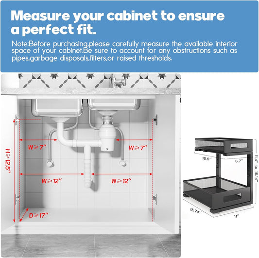 Under Sink Storage Organizer, Large 2-Tier Elegant Mesh Pull Out Shelf for Kitchen and Bathroom Cabinet Organization, L-Shaped and Adjustable Height Design for Maximum Space Efficiency-White