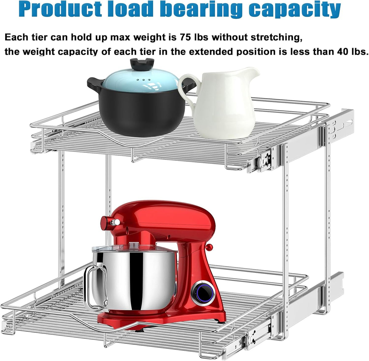 2 Tier Pull Out Cabinet Organizer (20" W X 21" D), Double Tier Wire Basket Slide Out Shelf Storage for Kitchen Base Cabinet Organization for Kitchen, Pantry, Bathroom, Chrome