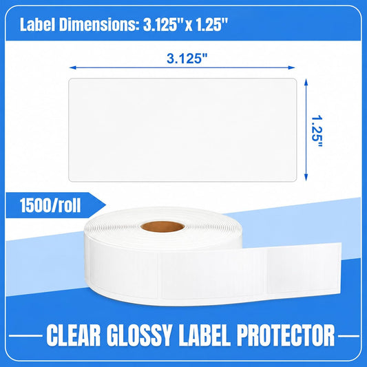 1500 Pcs 3.25'' x 1.5'' Clear Label Protectors with Dispenser Box Transparent Glossy Waterproof Labels Self Adhesive Stickers for Protecting Barcodes Spine Labels Office Use