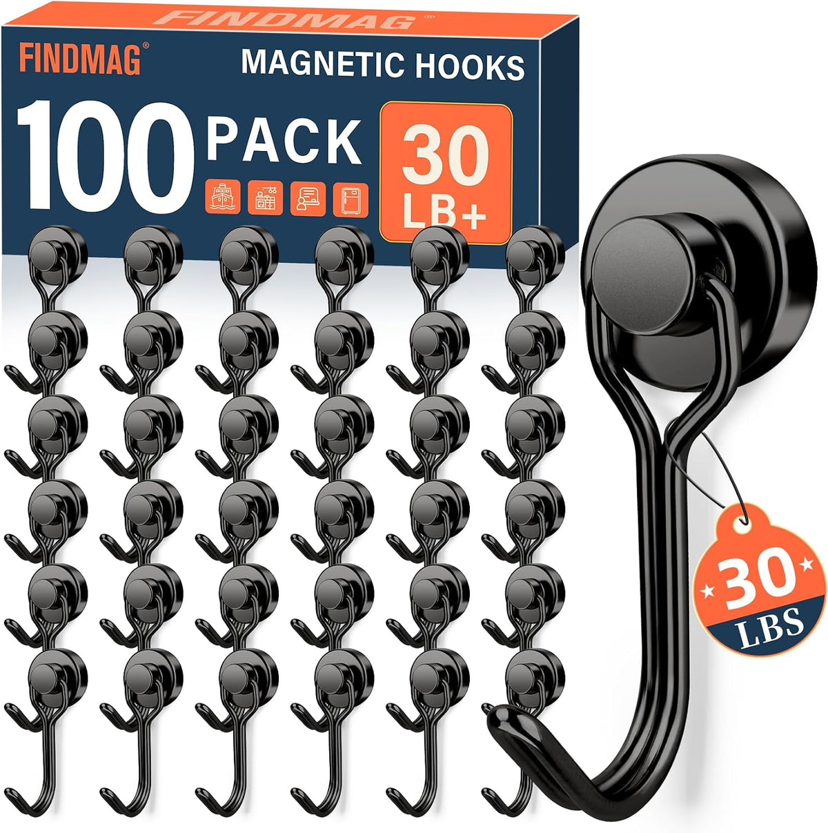 Magnetic Hooks for Cruise Cabins, 6 Pack, 30 LB+, Black