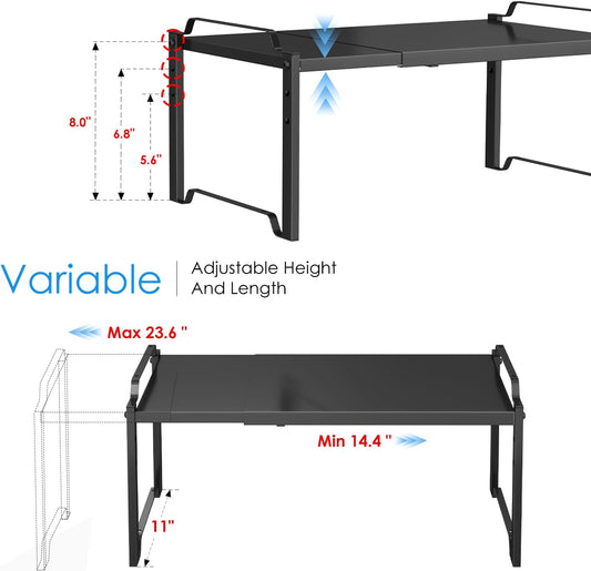 2 Pack 11” Depth Expandable Kitchen Cabinet Organizer Shelves, Heavy Duty Kitchen Countertop Organizers and Storage Rack, Stackable Metal Small Storage Shelf For Pantry Counter Cupboard Organization