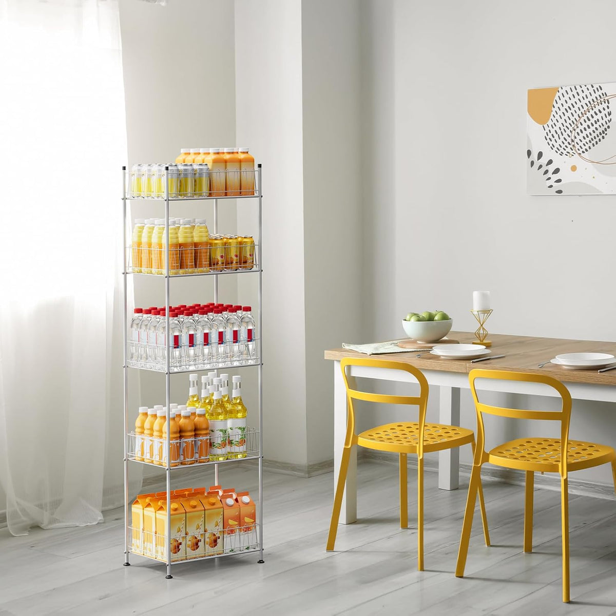 Water Bottle Holder Organizer 4 Tier Drink Can Shelf Organizer Rack for Floor Freestanding Water Bottle Rack Stand Beverage Storage Shelf for Pantry Kitchen Food Storage, Silver