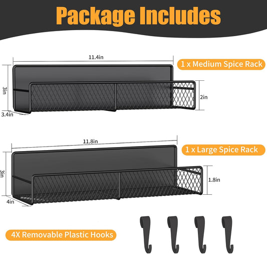 Magnetic Spice Rack for Refrigerator, Metal Magnetic Shelf Black, Moveable Spice Organizer with Hooks, Super Magnetic Fridge Shelf for Kitchen Organization and Storage